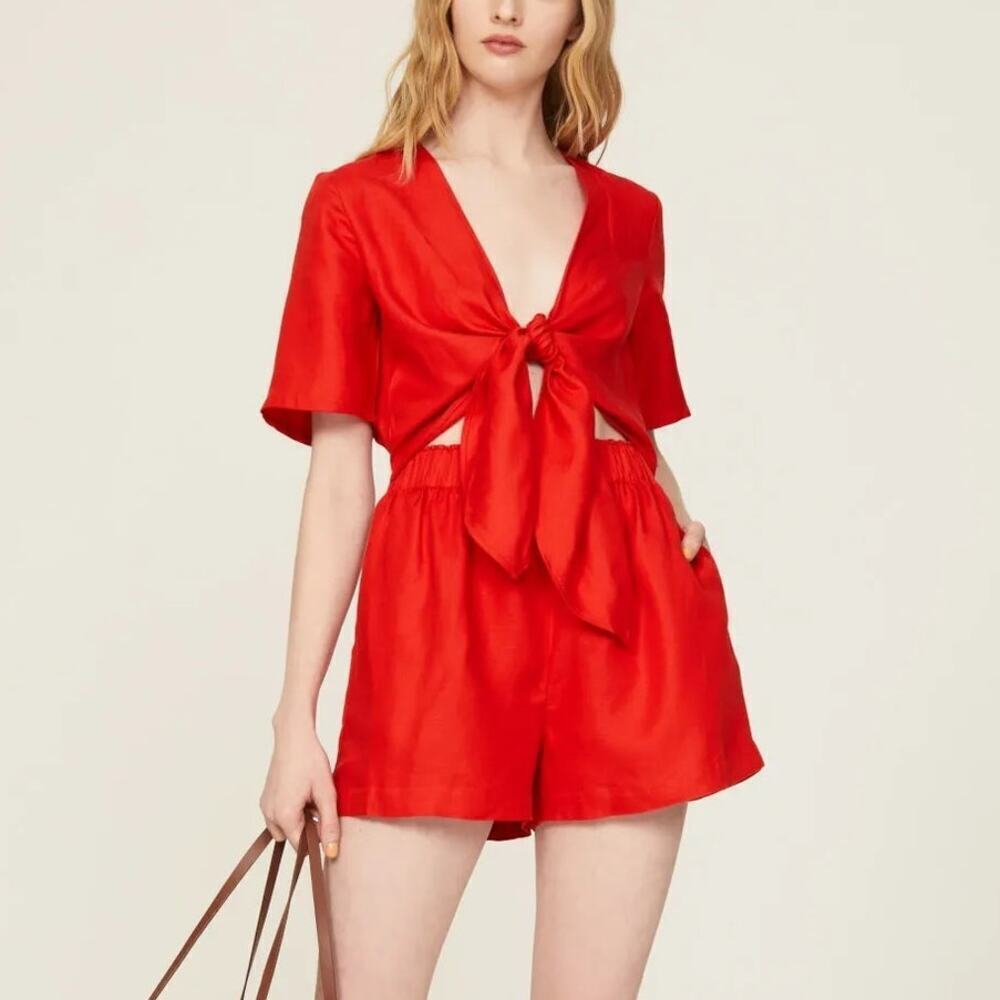 Thakoon Tie Front Romper Linen Blend Short Sleeve V-Neck Summer Playsuit Red 4